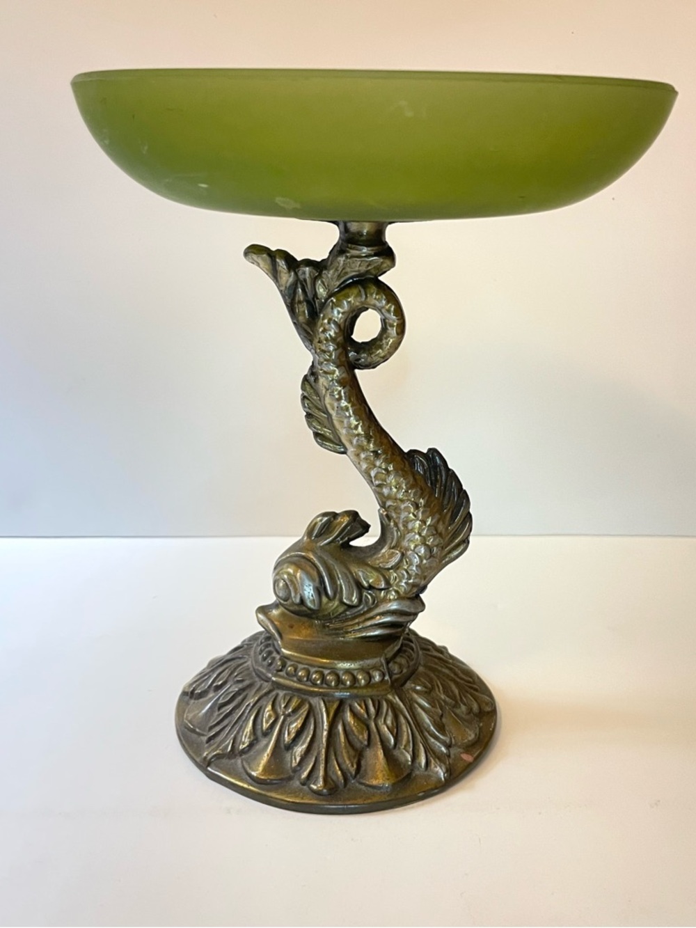 Vintage Green Satin Glass Dish with Metal Koi Fish Pedestal Base